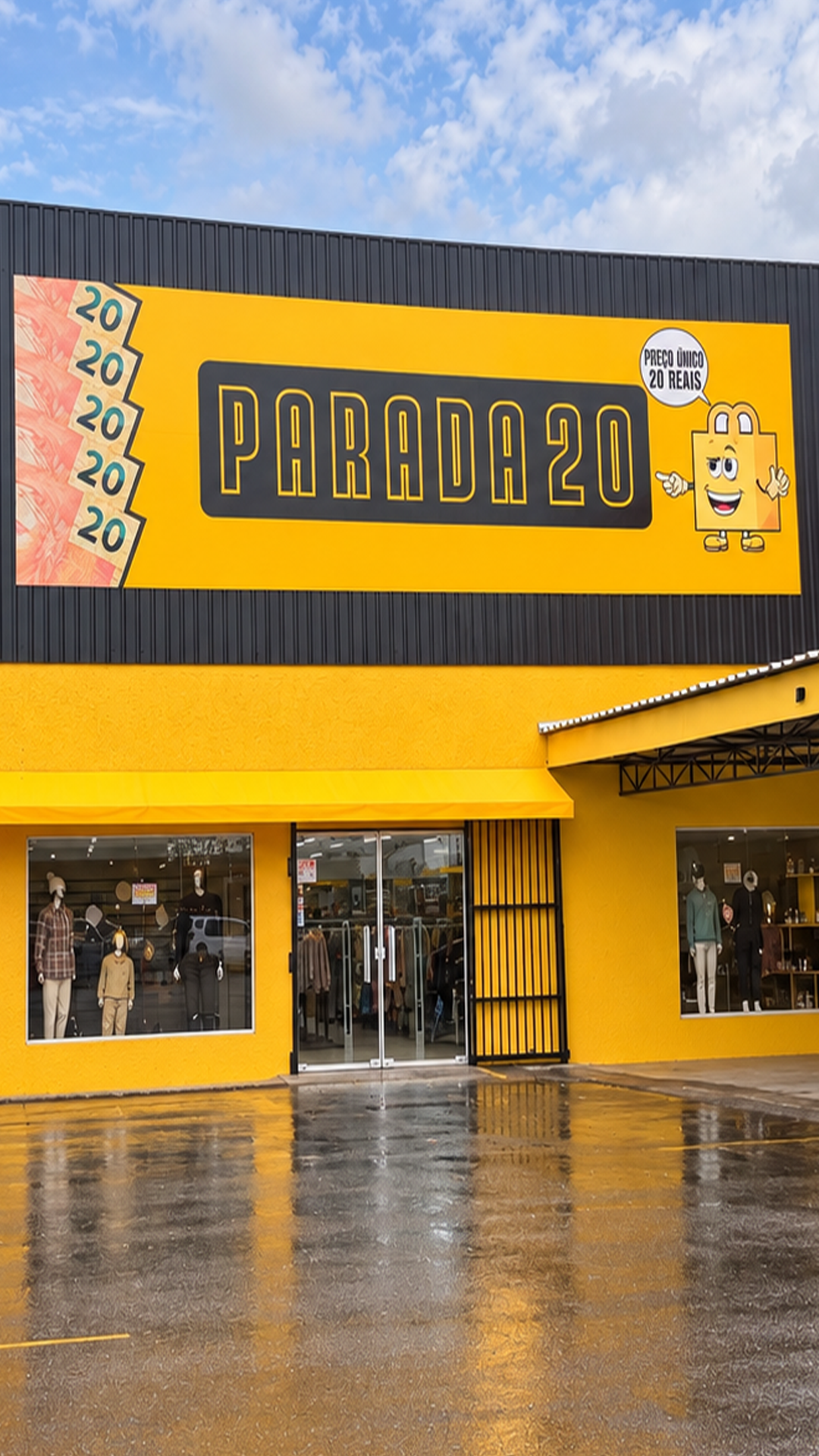Fachada amarela de uma loja Parada 20, com a placa e a entrada visíveis